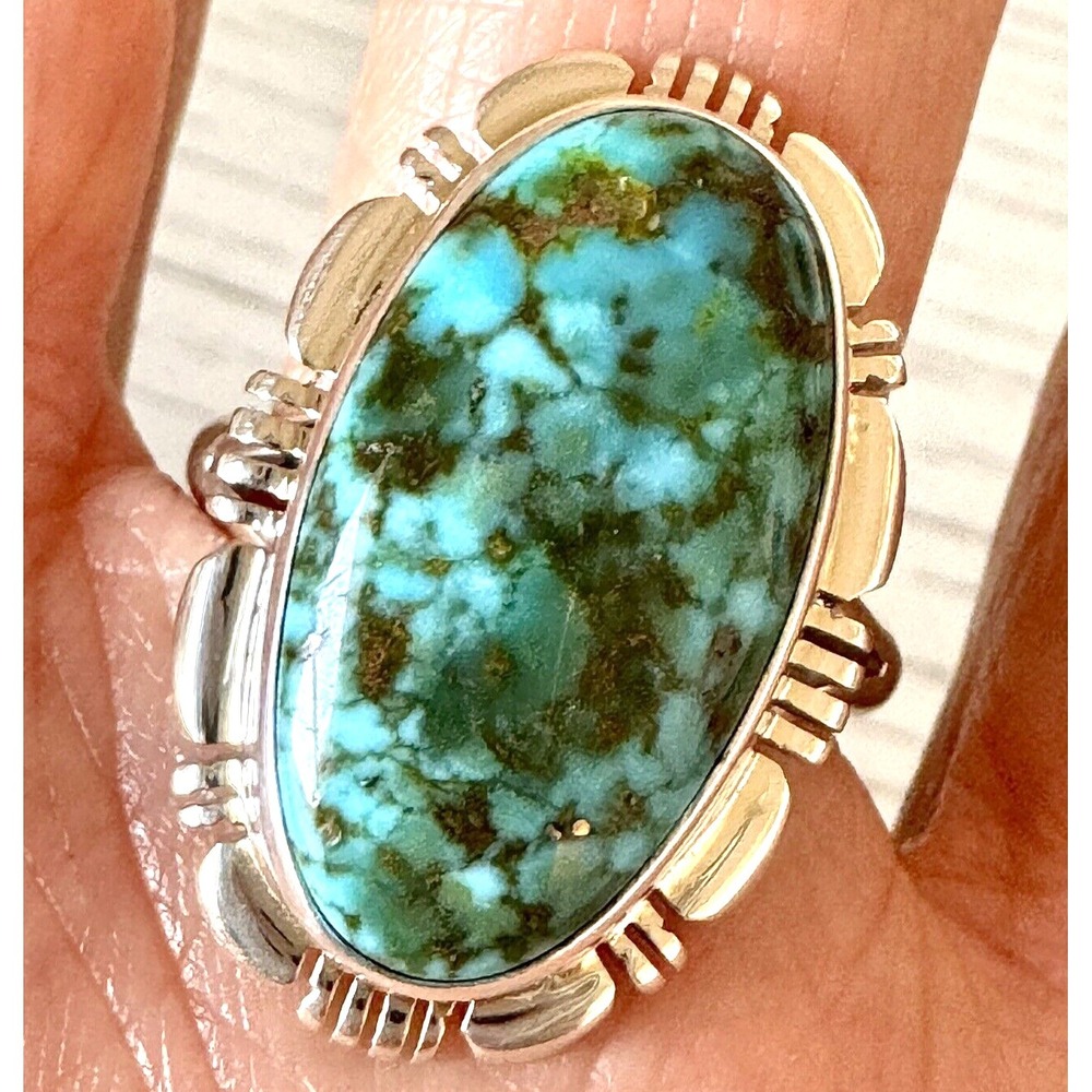 Navajo Sonoran‎ Gold Turquoise Ring Sz 9 Sterling Norvin Johnson Shine Fluted